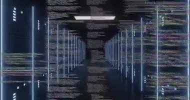 Karanlık bilgisayar sunucu odasında metin veri işleme animasyonu. Bağlantı, veri, işleme, iş, dijital arayüz ve iletişim, dijital olarak oluşturulmuş video.