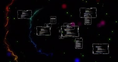 Renkli ışık yolları ve siyah noktalar üzerinde veri işleme arayüzlerinin animasyonu. Bağlantı, veri, ai, işleme, dijital arayüz ve iletişim, dijital olarak oluşturulmuş video.