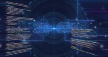 Mavi dairesel tarayıcı, arayüz çizgileri ve ışık noktaları üzerinde metin veri işleme animasyonu. Bağlantı, veri, işleme, dijital arayüz ve iletişim, dijital olarak oluşturulmuş video.