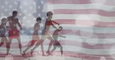 Amerika bayrağının yaz aylarında sahildeki çeşitli mutlu arkadaşlara karşı animasyonu. Amerikan vatanseverliği, çeşitlilik ve tatil konsepti dijital olarak oluşturulmuş video.