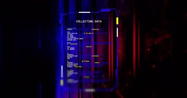 Sunucu odasındaki kırmızı ve mavi ışıklardan veri toplayan arayüz animasyonu. Bağlantı, veri, ai, işleme, dijital arayüz ve iletişim, dijital olarak oluşturulmuş video.