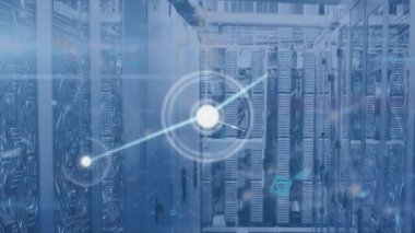 Bilgisayar sunucuları üzerinden bağlantı ağının animasyonu. Dijital olarak oluşturulmuş küresel bağlantılar, hesaplama ve veri işleme kavramı.