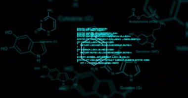 Siyah zemin üzerindeki element diyagramları üzerinden veri işleme animasyonu. Bağlantı, veri, bilim, araştırma, ağ, dijital arayüz ve iletişim, dijital olarak oluşturulmuş video.