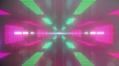 Siyah arkaplanda neon şekillerin animasyonu. Şekiller, şablon ve arkaplan kavramı dijital olarak oluşturuldu.