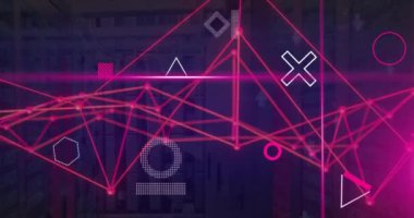 Dönen şekillerin animasyonu, koyu arkaplanda parlayan kırmızı ağ üzerinden veri işleme işlemi. Bağlantı, veri, işleme, dijital arayüz ve iletişim, dijital olarak oluşturulmuş video.