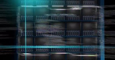 Bilgisayar sunucuları üzerinden bilgi analiz eden mavi tarayıcı ışınları ve hatalı arayüz animasyonları. Bağlantı, veri, ai, işleme, dijital arayüz ve iletişim, dijital olarak oluşturulmuş video.