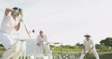 Çeşitli erkek kriket oyuncuları üzerinde ikonlar ve veri işleme animasyonları. Küresel spor, sosyal medya, bağlantılar, hesaplama ve veri işleme kavramı dijital olarak oluşturulmuş video.