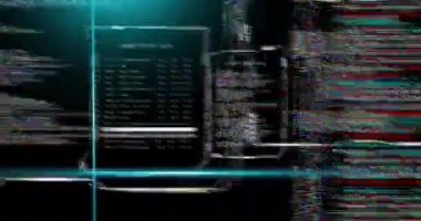 Siyah arkaplanda veri toplama ve işleme arayüzleri üzerinde mavi tarayıcı ışınlarının animasyonu. Bağlantı, veri, ai, işleme, dijital arayüz ve iletişim, dijital olarak oluşturulmuş video.