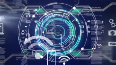 Kapsam taraması animasyonu ve karanlık arka planda dijital veri işleme. Dijital olarak oluşturulmuş küresel bağlantılar, hesaplama ve veri işleme kavramı.