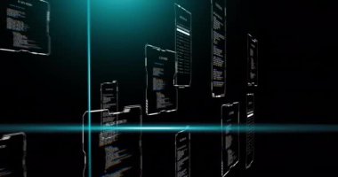 Koyu arkaplanda işlenen metin veri dosyaları üzerinde mavi tarayıcı ışınlarının canlandırması. Bağlantı, veri, işleme, iş, dijital arayüz ve iletişim, dijital olarak oluşturulmuş video.