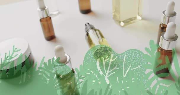 緑の植物のアニメーションは 瓶や瓶の有機美製品の上に葉と木を残します ウェルビーイング ビューティー エコロジー オーガニック セルフケア 自然製品キャンペーン デジタル生成ビデオ — ストック動画
