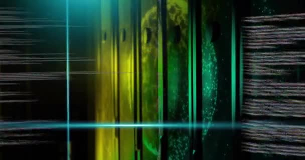 스캐너 애니메이션 컴퓨터 서버에 녹색과 노란색 조명에 데이터 데이터 디지털 — 비디오