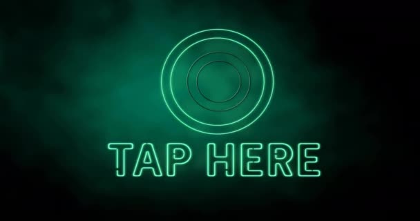 Animation Neon Tap Here Text Glowing Circles Light Moving Black — Stock Video