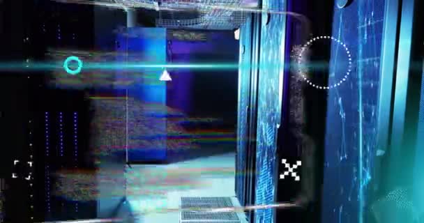 Animation Von Blauen Scannerstrahlen Rotierenden Formen Und Schnittstellen Die Daten — Stockvideo