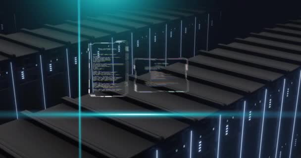 ブルースキャナビームのアニメーションとインターフェースは コンピュータサーバーの銀行を介してデータを処理します データ デジタルインターフェース デジタル生成されたビデオ — ストック動画