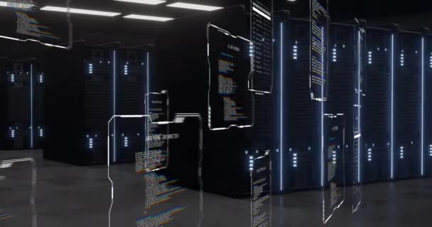 Animación Archivos Datos Texto Que Procesan Sala Servidores Computadoras Oscuras — Vídeo de stock