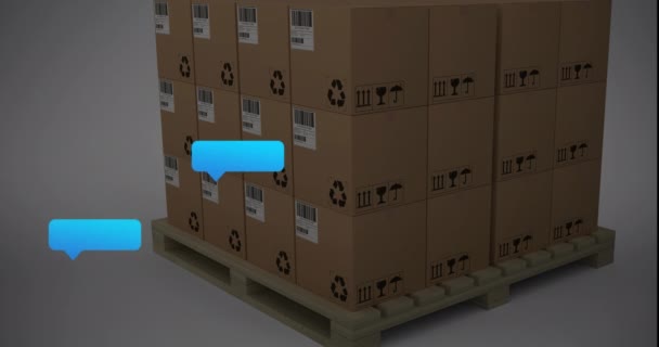 Animace Ikon Zpráv Sociálních Médií Skládaných Kartonových Krabicích Paletě Připojení — Stock video