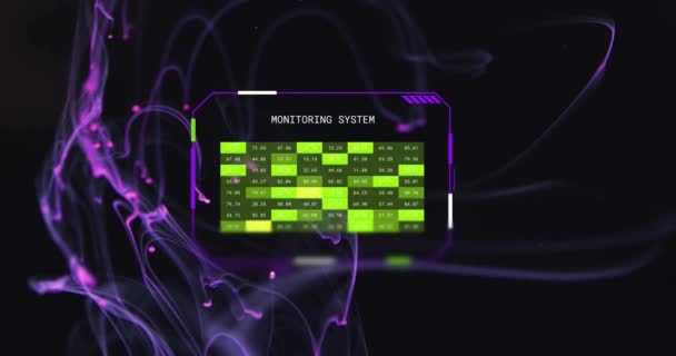 黒い背景に浮かぶ紫色のネットワーク上のインターフェイスの監視システムのアニメーション データ デジタルインターフェース デジタル生成されたビデオ — ストック動画