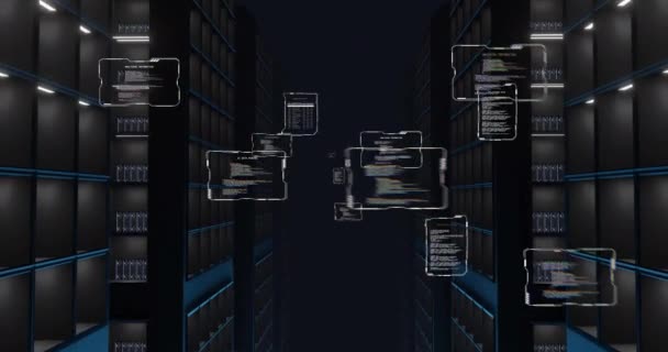暗いコンピュータサーバールームで処理するテキストデータファイルのアニメーション データ ビジネス デジタルインターフェース デジタル生成されたビデオ — ストック動画