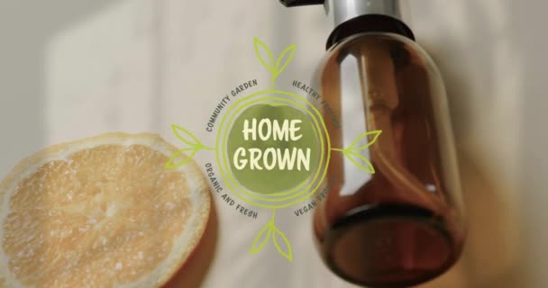 Animation Home Grown Text Logo Lemon Slice Beauty Oil Pump — Stock Video