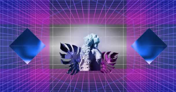 Animación Diamantes Fallas Estatua Clásica Hojas Sobre Rejillas Púrpuras Sobre — Vídeos de Stock