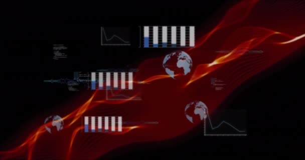 Animação Onda Rede Vermelha Sobre Globos Gráficos Que Processam Dados — Vídeo de Stock