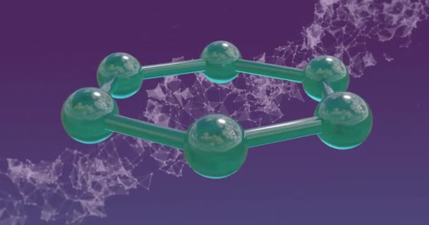 Animación Anillo Moléculas Sobre Red Flotante Sobre Fondo Púrpura Investigación — Vídeo de stock