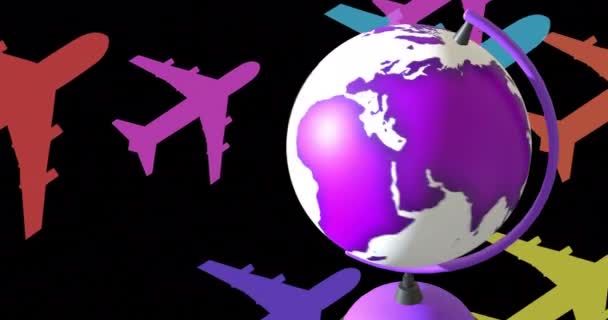 Animation Eines Sich Drehenden Lila Weißen Globus Über Bunten Passagierflugzeugen — Stockvideo