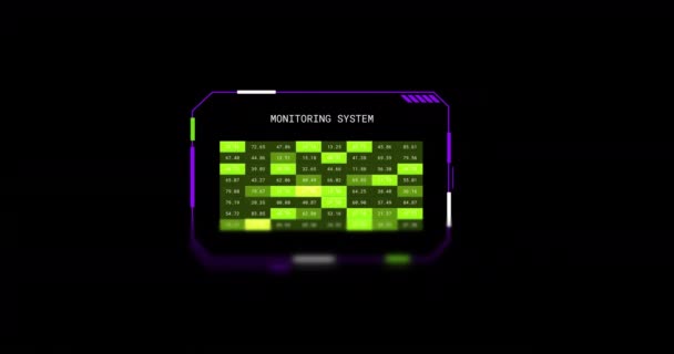 Animacja Ekranu Interfejsu Numerami Tekstowymi Systemu Monitoringu Zielonymi Światłami Czarno — Wideo stockowe