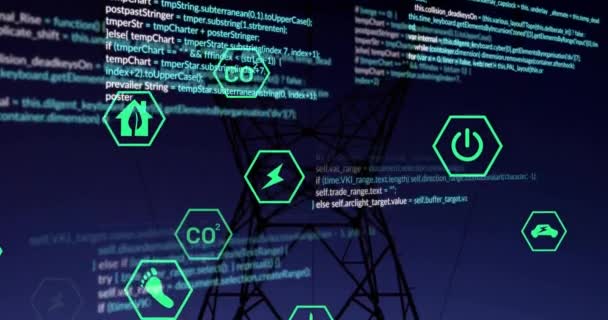 Enerji Simgelerinin Canlandırılması Günbatımı Manzarasında Elektrik Direğinin Üzerindeki Verilerin Işlenmesi — Stok video
