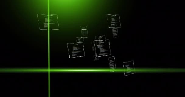 Koyu Arkaplandaki Metin Veri Dosyalarının Üzerindeki Yeşil Tarayıcı Işınlarının Animasyonu — Stok video