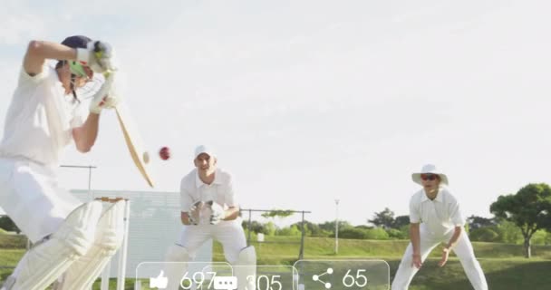 Animace Ikon Zpracování Dat Přes Různé Mužské Kriketové Hráče Globální — Stock video