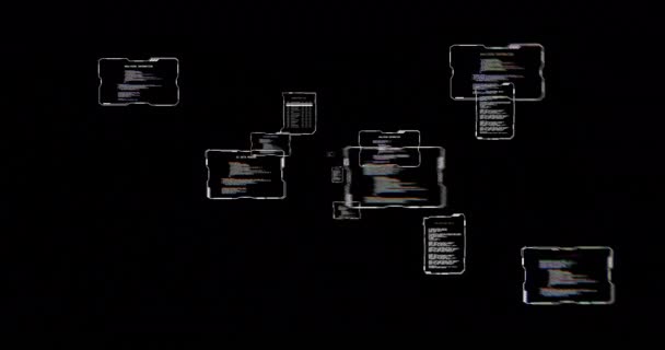 Lerleyen Arayüz Ekranlarının Animasyonu Siyah Arkaplanda Yüzen Verileri Işliyor Bağlantı — Stok video