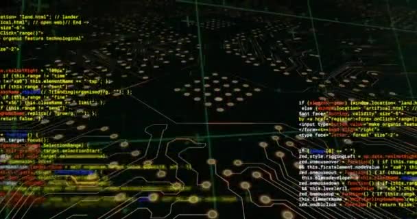 在黑色背景的电路板网络上对彩色文本数据处理的动画化 数字接口和通信 数字生成视频 — 图库视频影像