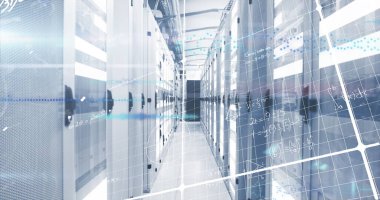 Bilgisayar sunucuları üzerinde matematik denklemleri ve veri işleme resmi. Küresel hesaplama, bağlantılar ve veri işleme kavramı dijital olarak oluşturulmuş resim.