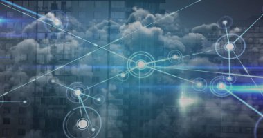 Modern bina ve bulutlar üzerindeki bağlantı ağının görüntüsü. küresel bağlantılar ve dijital arayüz konsepti dijital olarak oluşturulmuş görüntü.