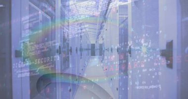 Bilgisayar sunucularıyla teknoloji odasında veri işleme görüntüsü. küresel teknoloji, bağlantı ve iletişim konsepti dijital olarak oluşturulmuş görüntü.