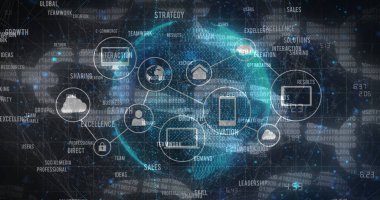 Zincirler ve medya simgeleri üzerinde veri işleme resmi. Küresel iş ve dijital arayüz kavramı dijital olarak oluşturulmuş görüntü