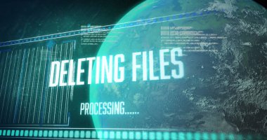 Yeşil arkaplan üzerindeki dosyalar, veriler ve küreyi silme resmi. Küresel ağ, veri, iletişim ve teknoloji konsepti dijital olarak oluşturuldu.