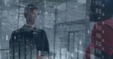 Ofiste konuşan farklı kadınlar yerine finansal grafiklerin resmi. İş, ofiste çalışmak, finans ve ekonomi konsepti dijital olarak oluşturulmuş imaj.