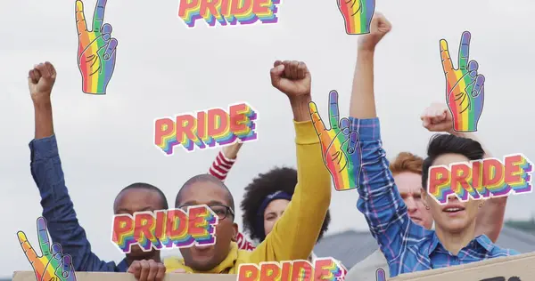 Image Rainbow Hands Pride Diverse Protesters Banners Lgbt Rights Equality — Stock Photo, Image