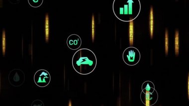 Siyah arkaplan üzerinde ekolojik simgelerin ve veri işlemlerinin animasyonu. Küresel iş, bağlantılar, hesaplama ve veri işleme kavramı dijital olarak oluşturulmuş video.