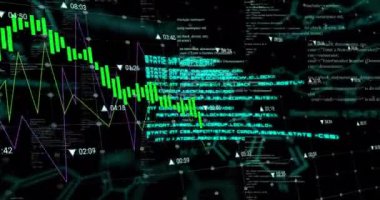 Siyah arkaplandaki ağlar üzerinden yeşil çizelge ve veri işleme animasyonları. Ağ, bağlantı, dijital arayüz, veri ve iletişim, dijital olarak oluşturulmuş video.