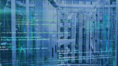 Bilgisayar sunucuları üzerinde dijital veri işleme animasyonu. Dijital olarak oluşturulmuş küresel bağlantılar, hesaplama ve veri işleme kavramı.