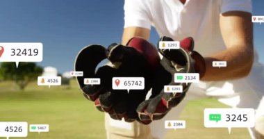 Kafkas erkek kriket oyuncusu üzerinde ikon ve veri işleme animasyonları. Küresel spor, sosyal medya, bağlantılar, hesaplama ve veri işleme kavramı dijital olarak oluşturulmuş video.