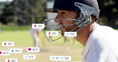 Çeşitli erkek kriket oyuncuları üzerinde ikonlar ve veri işleme animasyonları. Küresel spor, sosyal medya, bağlantılar, hesaplama ve veri işleme kavramı dijital olarak oluşturulmuş video.