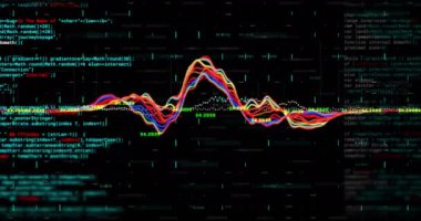 Siyah zemin üzerinde veri animasyonu ve renkli grafik işleme. Bağlantı, veri, işleme, dijital arayüz ve iletişim, dijital olarak oluşturulmuş video.