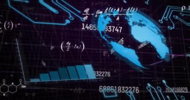 Matematiksel denklemlerin animasyonu, kara arkaplan üzerinde dünya ve veri işleme. Ağ, araştırma, dijital arayüz ve küresel iletişim, dijital olarak oluşturulmuş video.