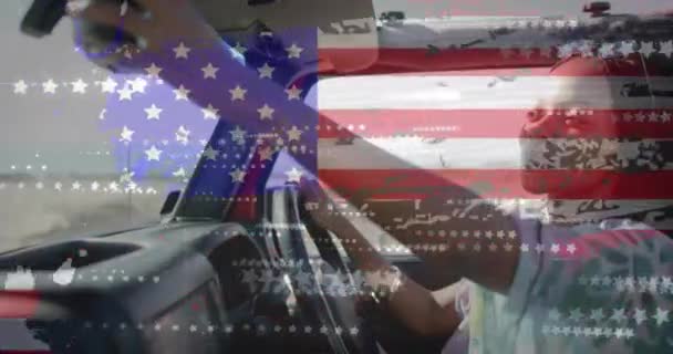 Animation Flag Usa African American Woman Car Beach American Patriotism — Stock Video