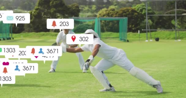 Animation Von Symbolen Und Datenverarbeitung Über Diverse Männliche Cricketspieler Globaler — Stockvideo
